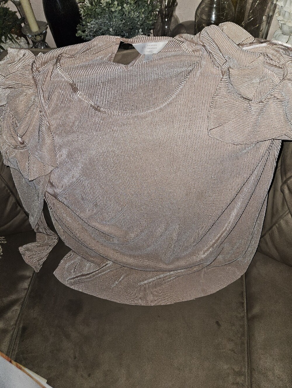 LC Lauren Conrad Shimmer Cold Shoulder Sleeve Blouse in Blush Pink